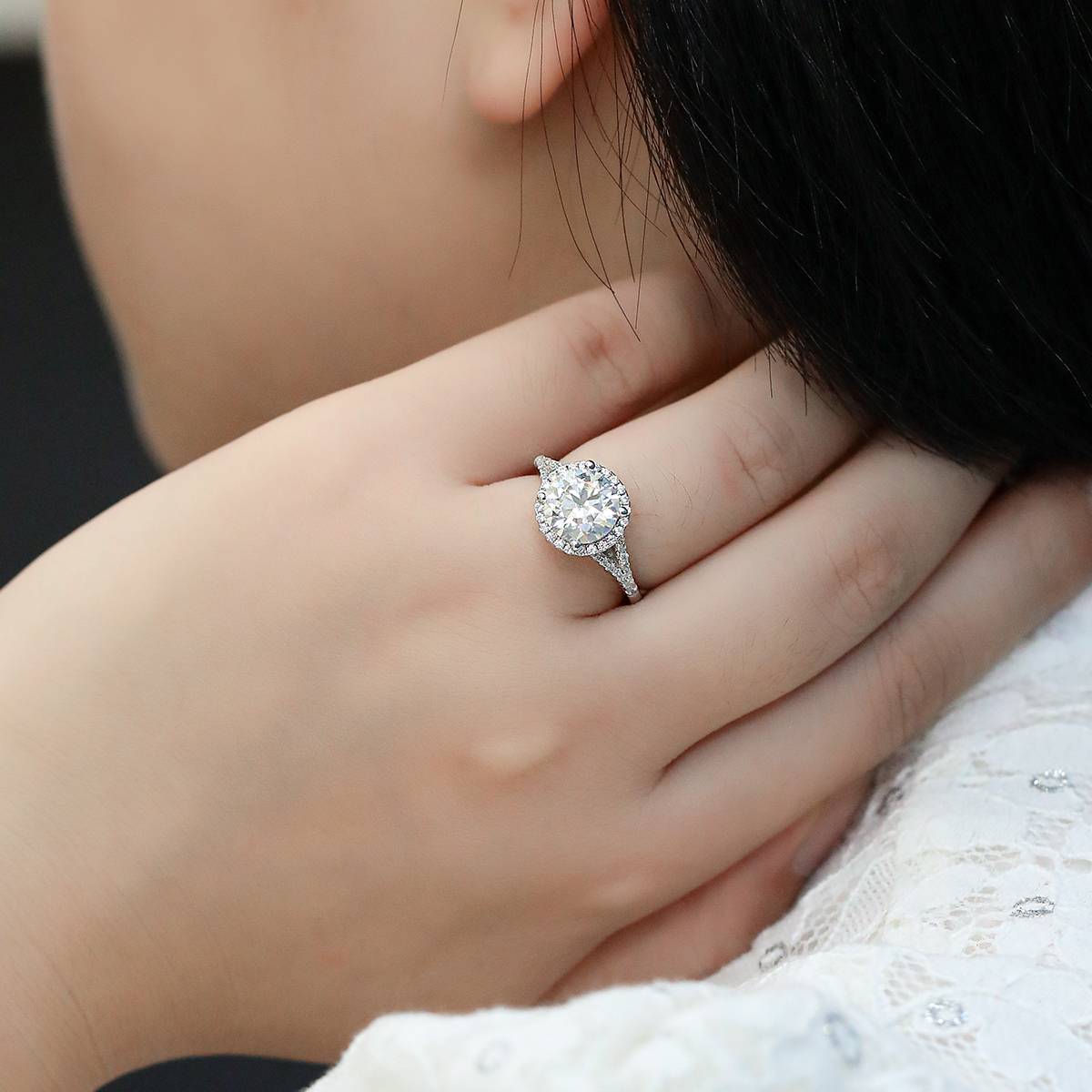 Double arm round bag S925 silver plated platinum moissanite diamond women's ring 3.0 carats D-grade